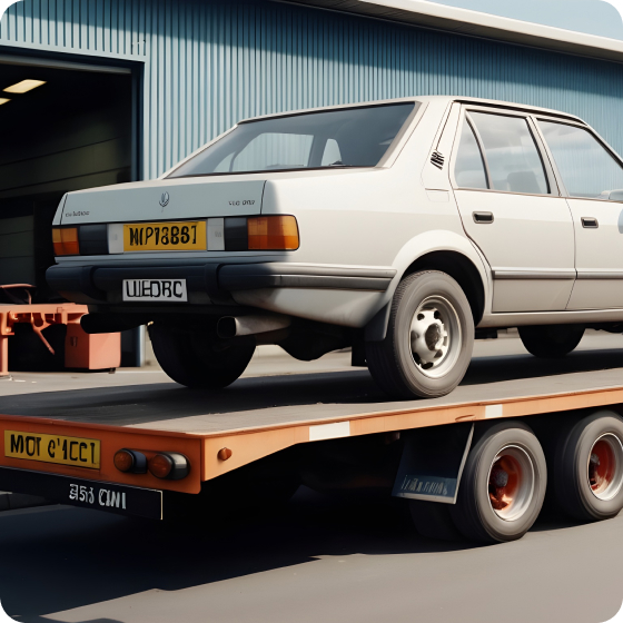 car on the back of a flatbed recovery vehicle outside a mot station 1