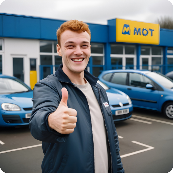 happy customer outside of a uk mot testing centre one hand thumbs up 1