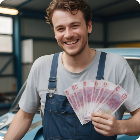 man in car workshop overalls smiling holding a fan of uk gbp notes 1