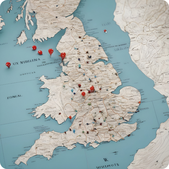 map of the uk zoomed in with pins dropped in different places 1