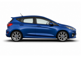 Blue hatchback car in side profile