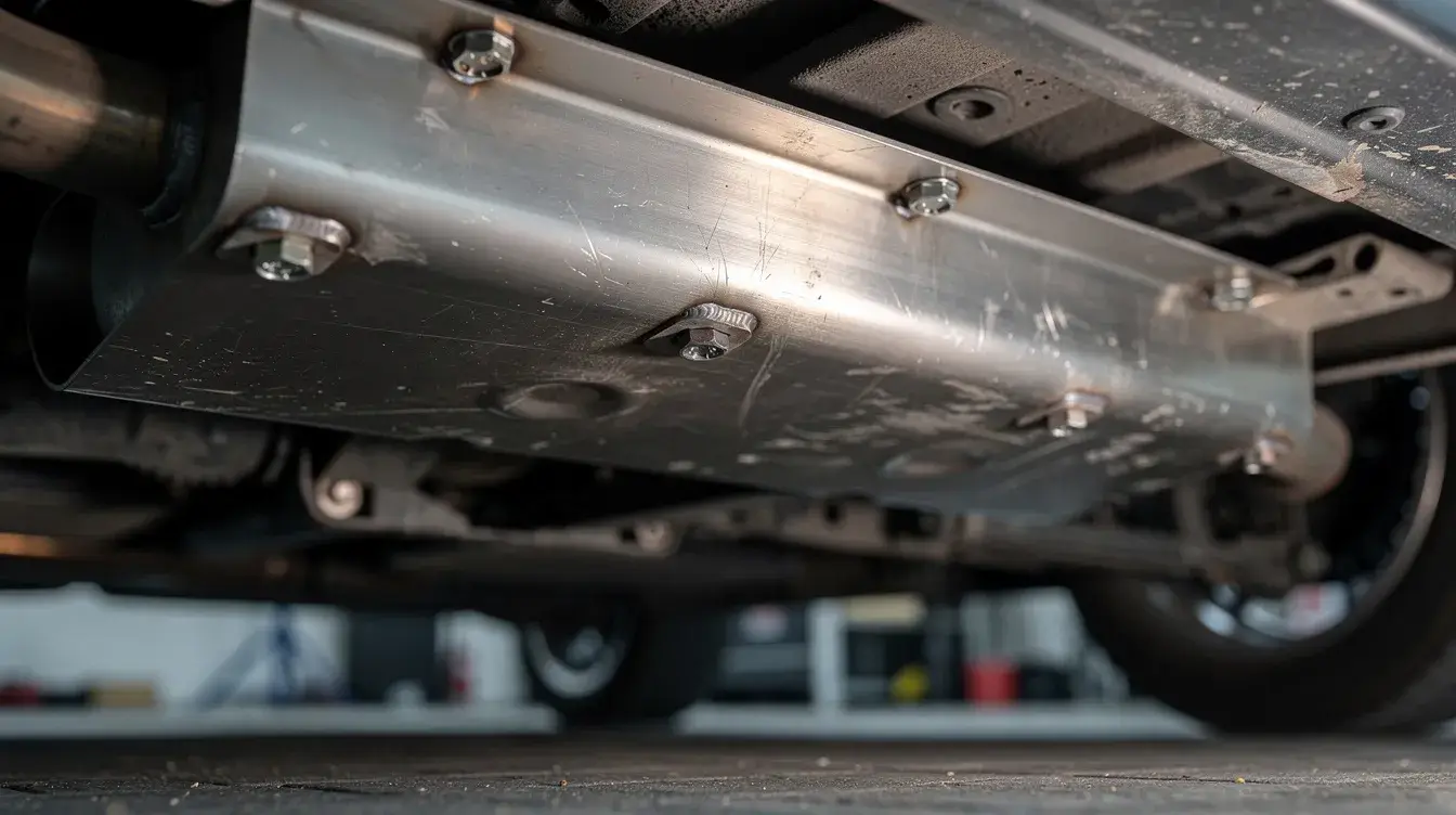Metal skid plate under vehicle chassis