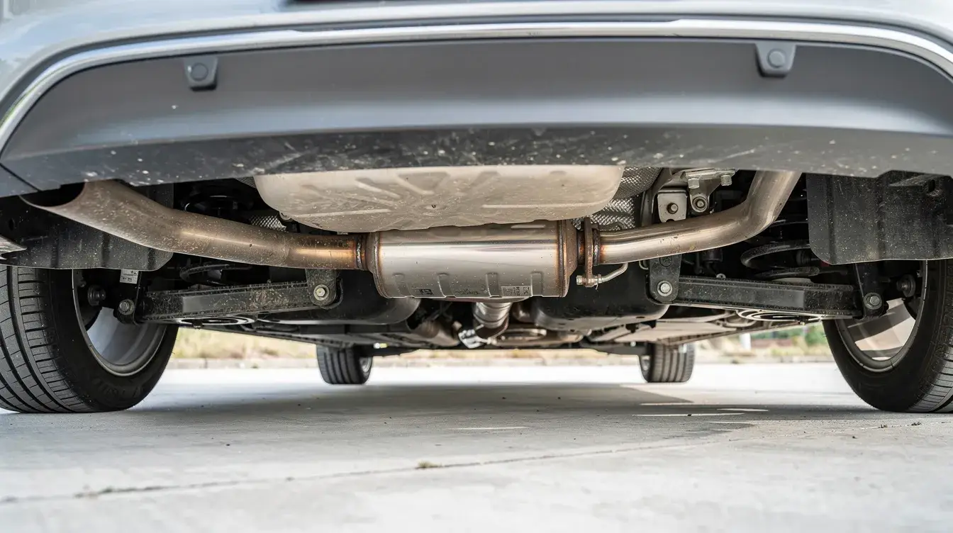 Car underside showing exhaust system and muffler