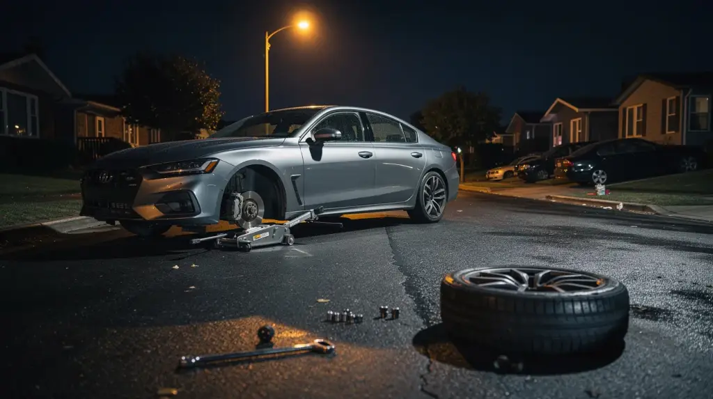 Car on jack with wheel removed at night