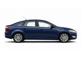 Blue saloon car in side profile