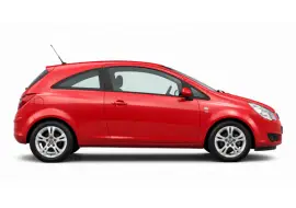 Red three-door hatchback car, side view