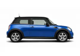 Blue Mini Cooper hatchback side profile